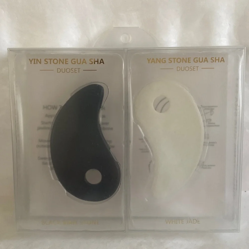 YIN & Yang Gua Sha 2p Set Black Brian Stone White Jade NIB